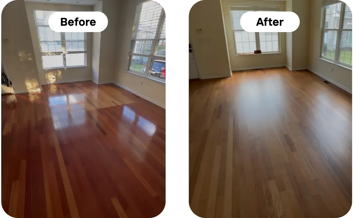 before and after side by side of hardwood floor refinishing