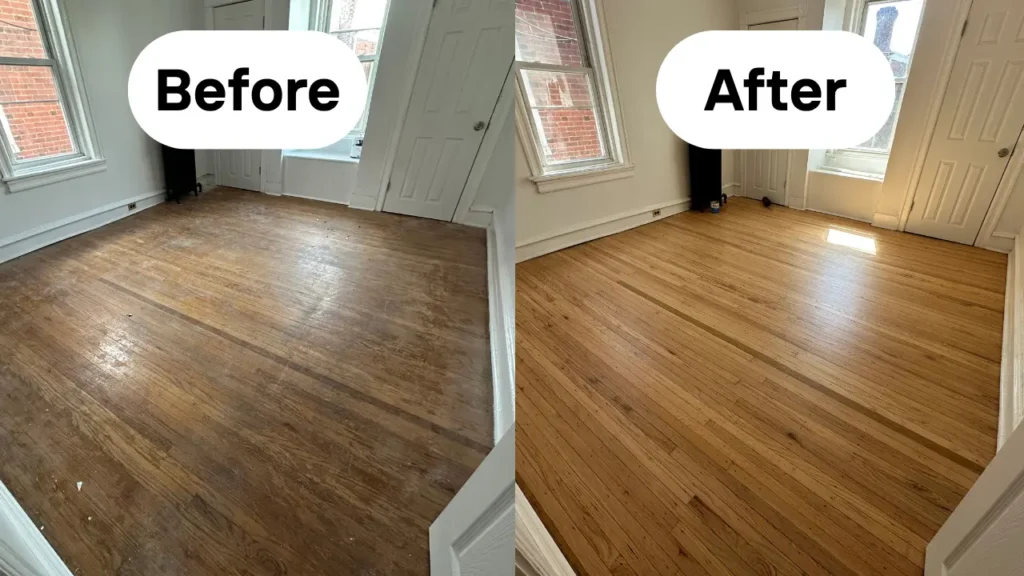 floor refinishing service before and after in a Philadelphia row home